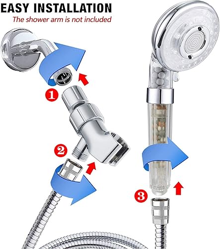 Miniatura 2 de PRUGNA Cabezal de ducha con filtro con manguera y soporte de brazo de ducha, ducha de mano de alta presión y ahorro de agua, 3 ajustes y modo de