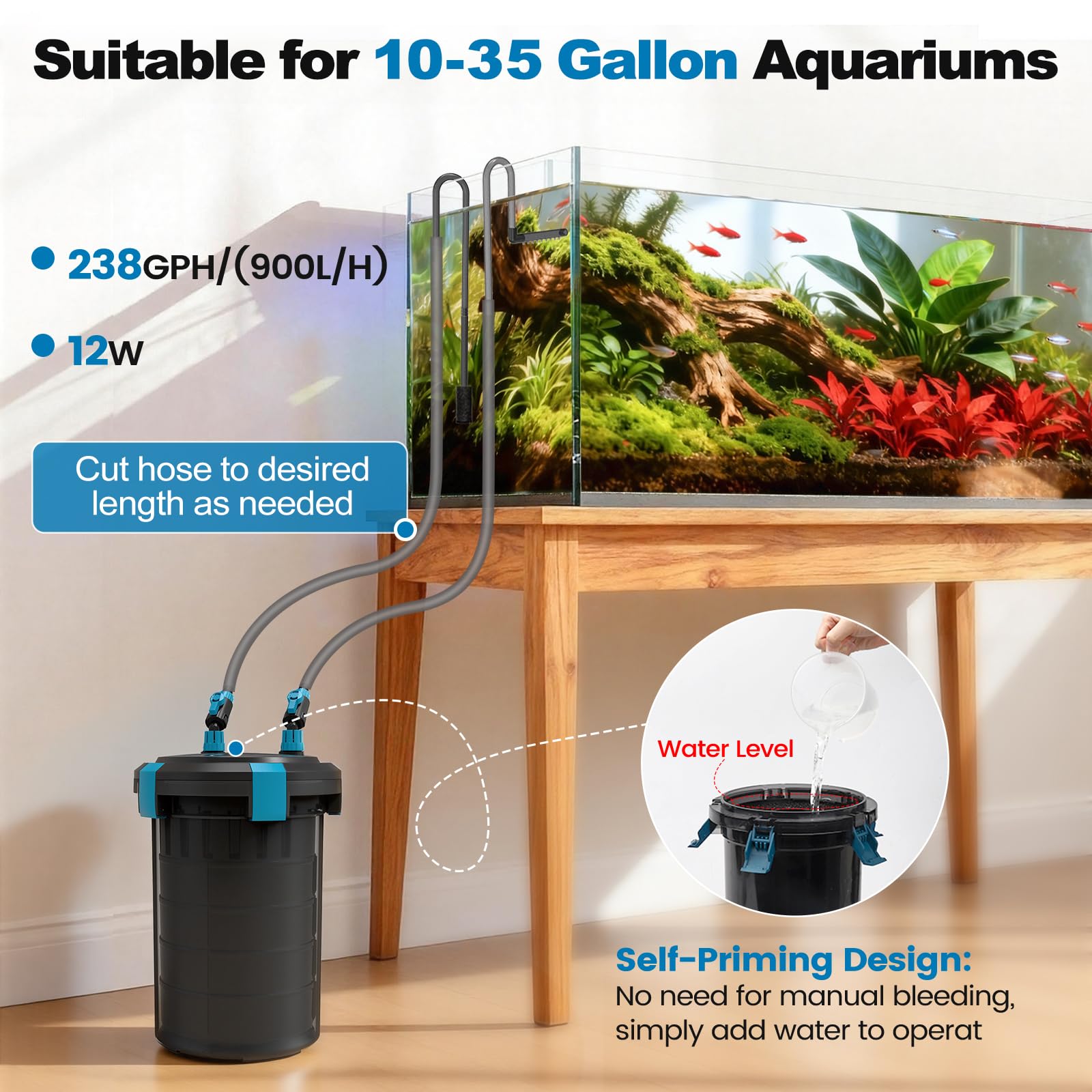 fishkeeper Filtro de recipiente de 238 GPH, filtro de acuario de filtración de 5 etapas con controlador modo de alimentación, filtros externos ultra silenciosos para agua dulce y salada de hasta 35