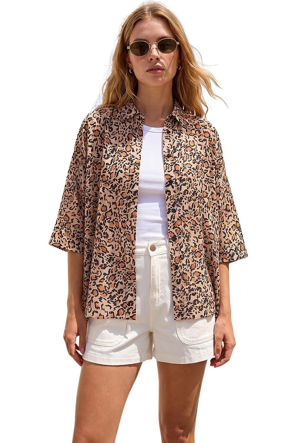 Roman Relaxed Smart Stretch Shirt for Women UK - Ladies Spring Everyday Summer Break 3/4 Length Sleeve Soft Classic Collar Comfy Lightweight Blouse Vacation Tops