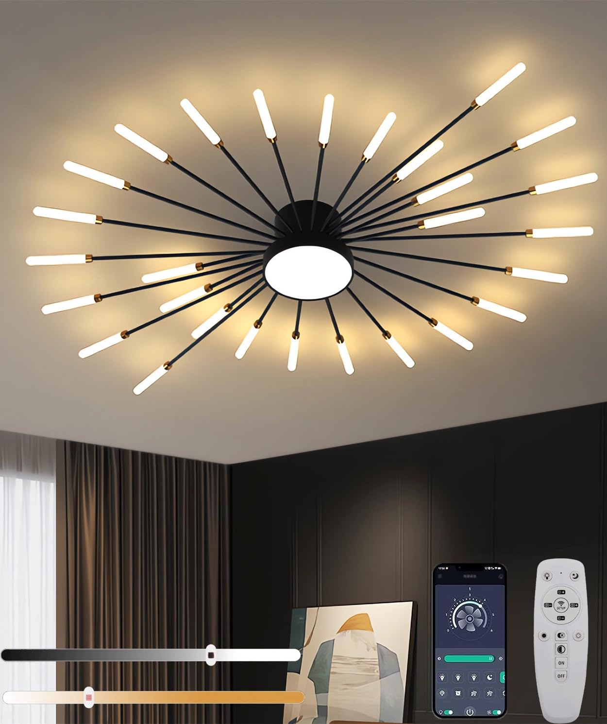 JINGKER LED Ceiling Lights Living Room Ceiling Lamps Modern Minimalist Style Firework Ceiling Light Dimmableceiling lamp with Remote Control 42 Head Ceiling Light Gold Black (Black, 28+1Heads) โ image 1
