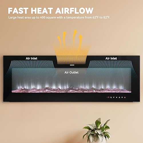 Miniatura 2 de Chimenea eléctrica de 60 pulgadas montada en la pared y empotrada, chimenea LED con control remoto temporizador de 8 horas, 12 llamas, pantalla