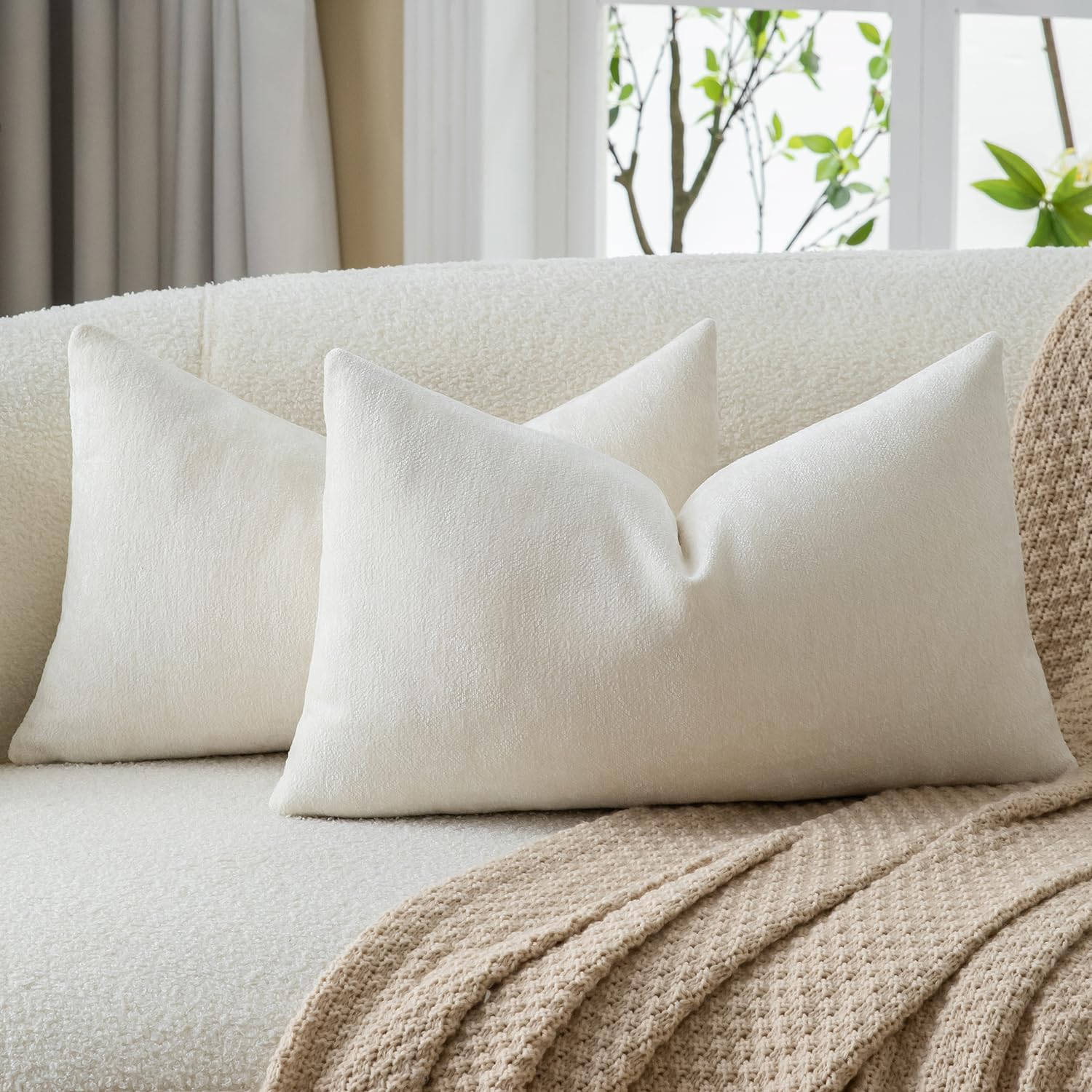 Mandioo Chenille Cream White Cushion Covers 40x145cm 16x57 Inch Set of 2, Decorative Soft Thick Couch Pillow Covers Solid Accent Farmhouse Neutral Throw Pillow Cases for Sofa Bed Living Room