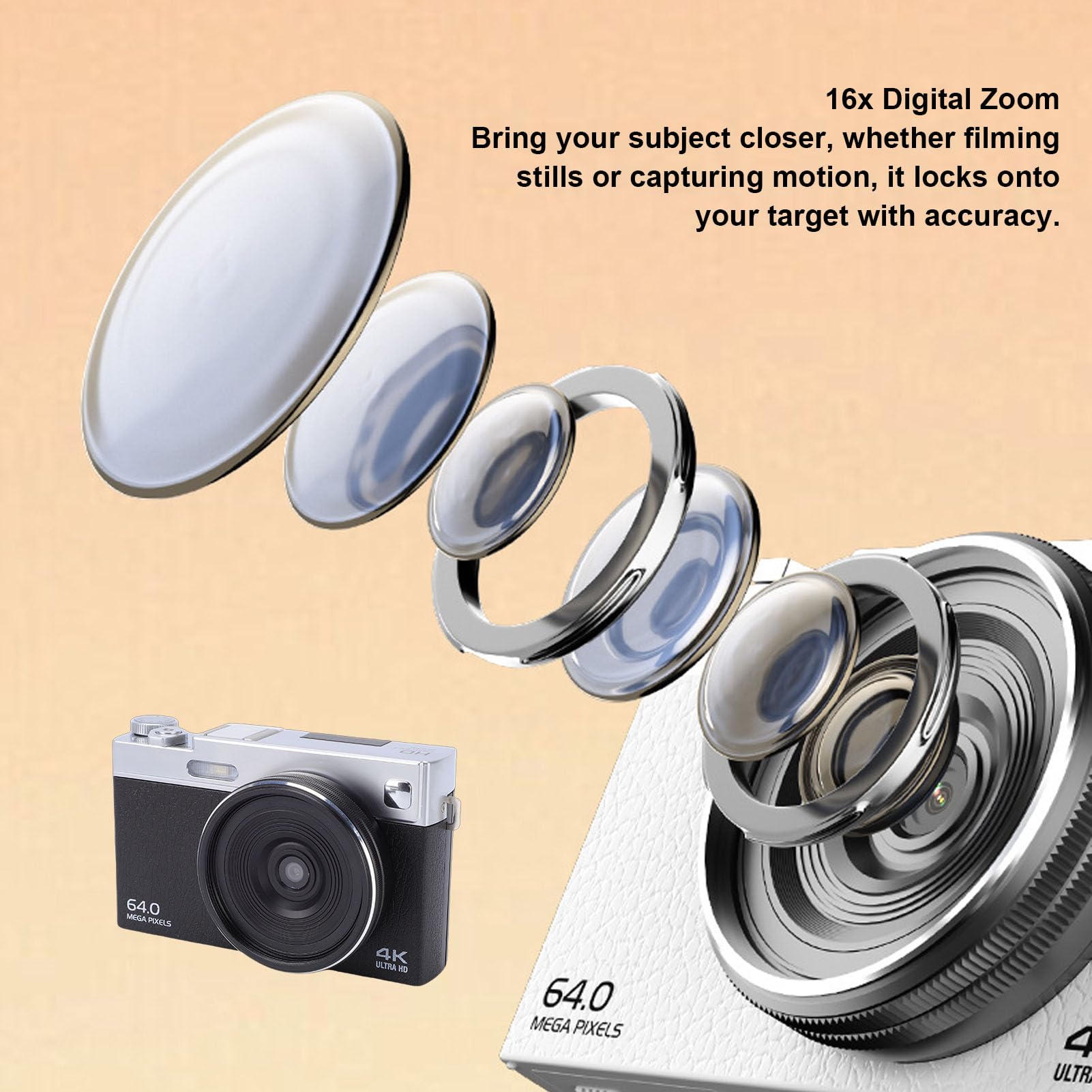 Fotocamera Digitale 4K, Fotocamera Mirrorless HD da 64 MP con Messa a Fuoco Automatica Zoom Digitale 16X e Schermo Ribaltabile da 2,88 Pollici, per Vlogging di Viaggi Fotografici (Black)