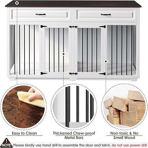 Miniatura 5 de Lovinouse Furniture Style - Jaula para perros con habitación doble, perrera de madera de 73 pulgadas con divisor extraíble, centro de