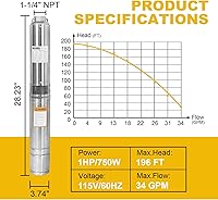 Vista 5 de WASSERMANN Bomba sumergible de pozo profundo de 4 pulgadas con cable de 10 pies, 1HP, 115 V/60 Hz, 34 GPM, cabezal de 196 pies, bomba de pozo