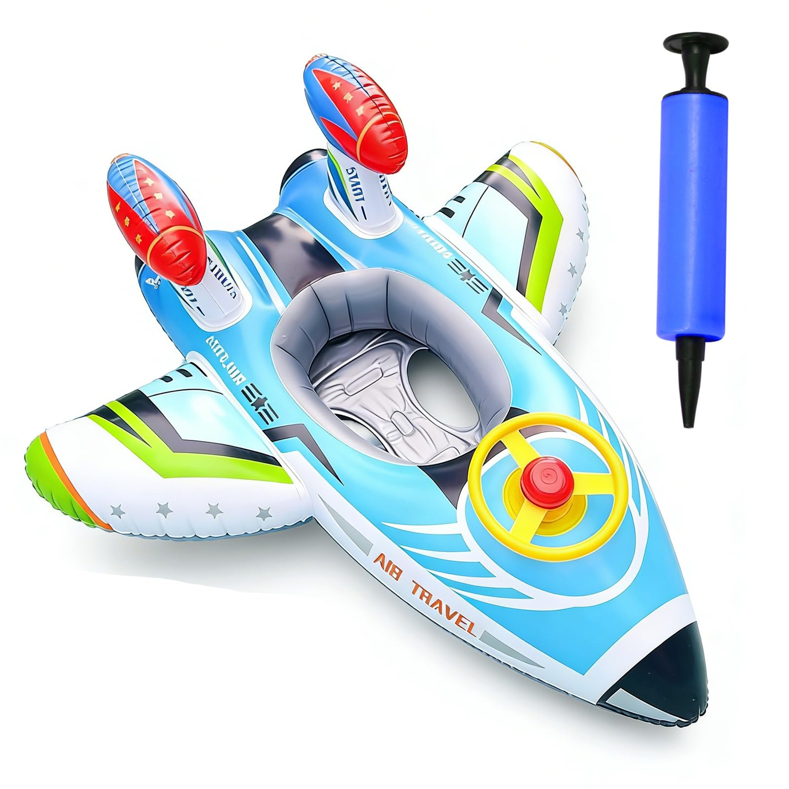 Vspek Baby Swimming Ring Airplane, Inflatable Blue Swimming Float with Steering Wheel Horn Seat, Summer Pool Float Swim Ring Beach Supplies โ image 1