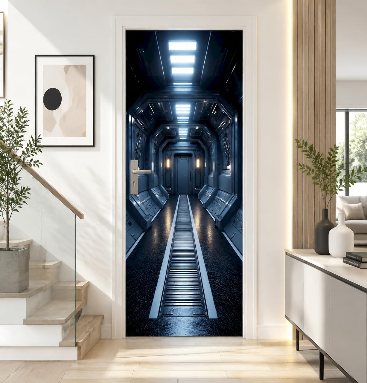 Sci Fi Corridor Door Mural, Futuristic Space Door Cover