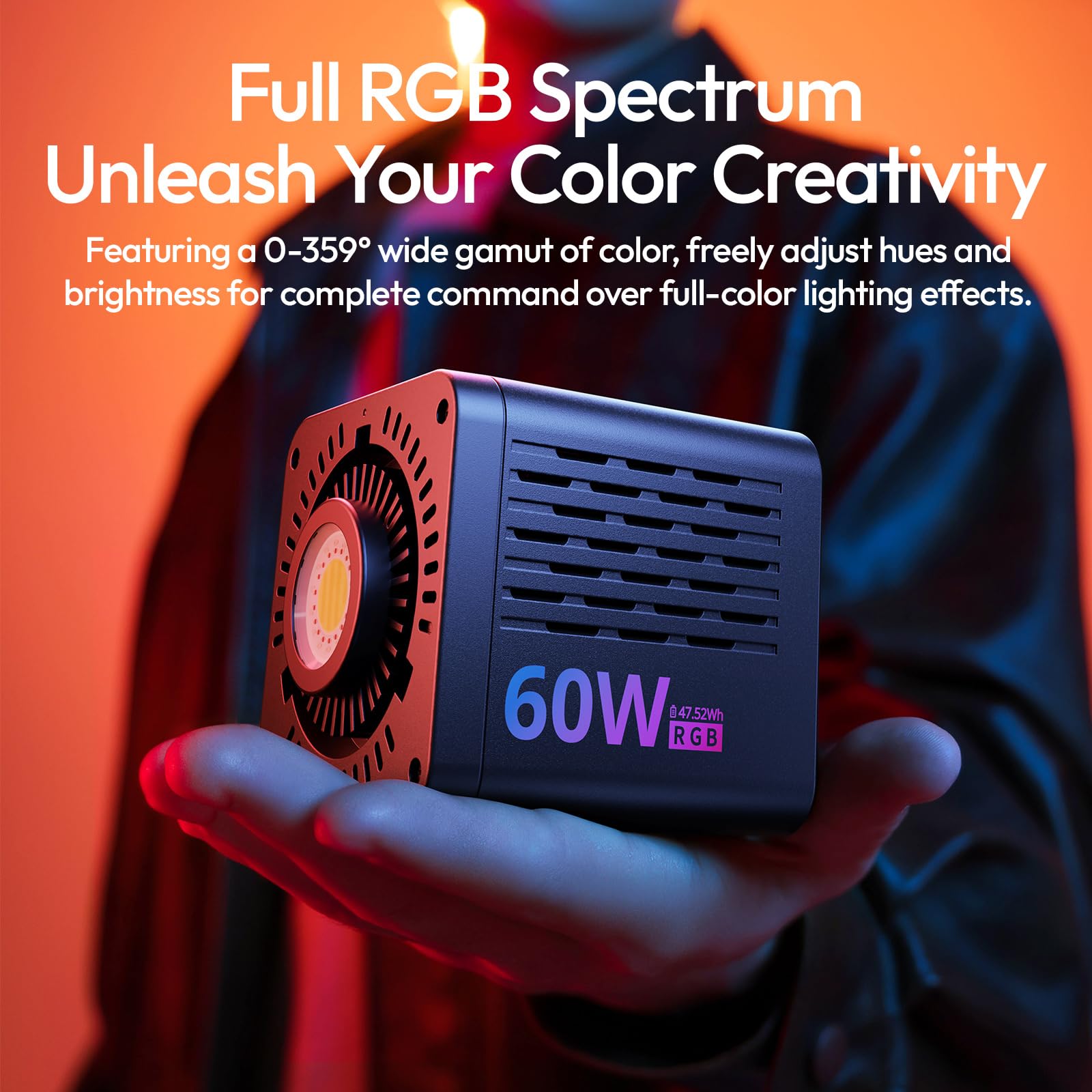 ULANZI C60 60W RGB LED Videoluce, COB Videoluce 2500K-6500K, CRI95+/20 Modalità di luce/Mini Bowens Mount, Batteria ricaricabile da 3300mAh & DC/Carica rapida di tipo C-PD, per YouTube, Fotografia