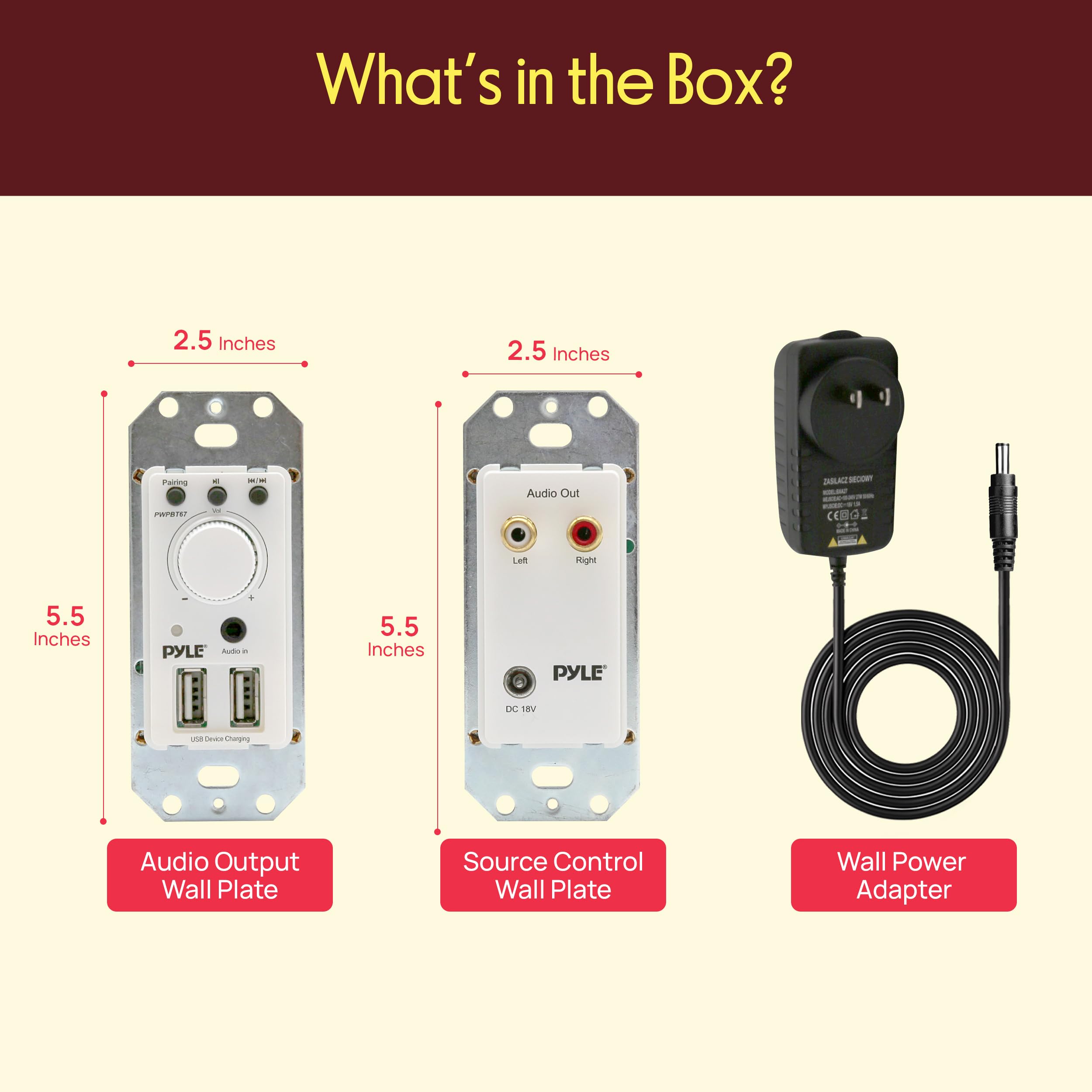 Bluetooth Receiver Wall Mount - In-Wall Audio Control Receiver w/ Dual USB Charging Port, 3.5mm AUX Input for Sound Systems - For Home Theater Entertainment - Includes DC Power Adaptor - PWPBT67