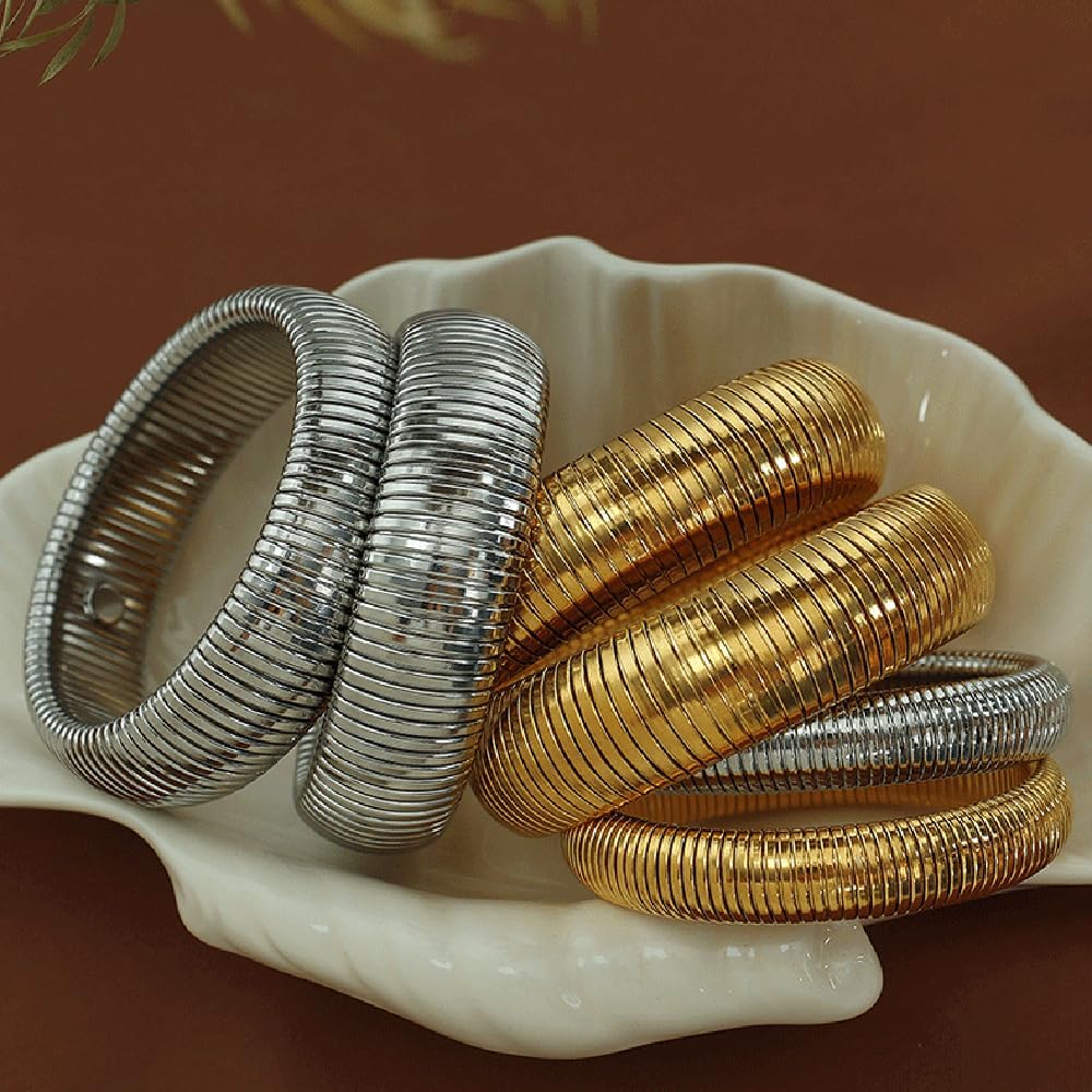 OIDIMS Fashion Bangles for Women Men Chunky Stretch Bracelets Gold Plated Stainless Steel Minimalist Stretchy Snake Link Chain Flexible Wide Wristband Stack Bracelets Designer Unisex Gift - Image 4