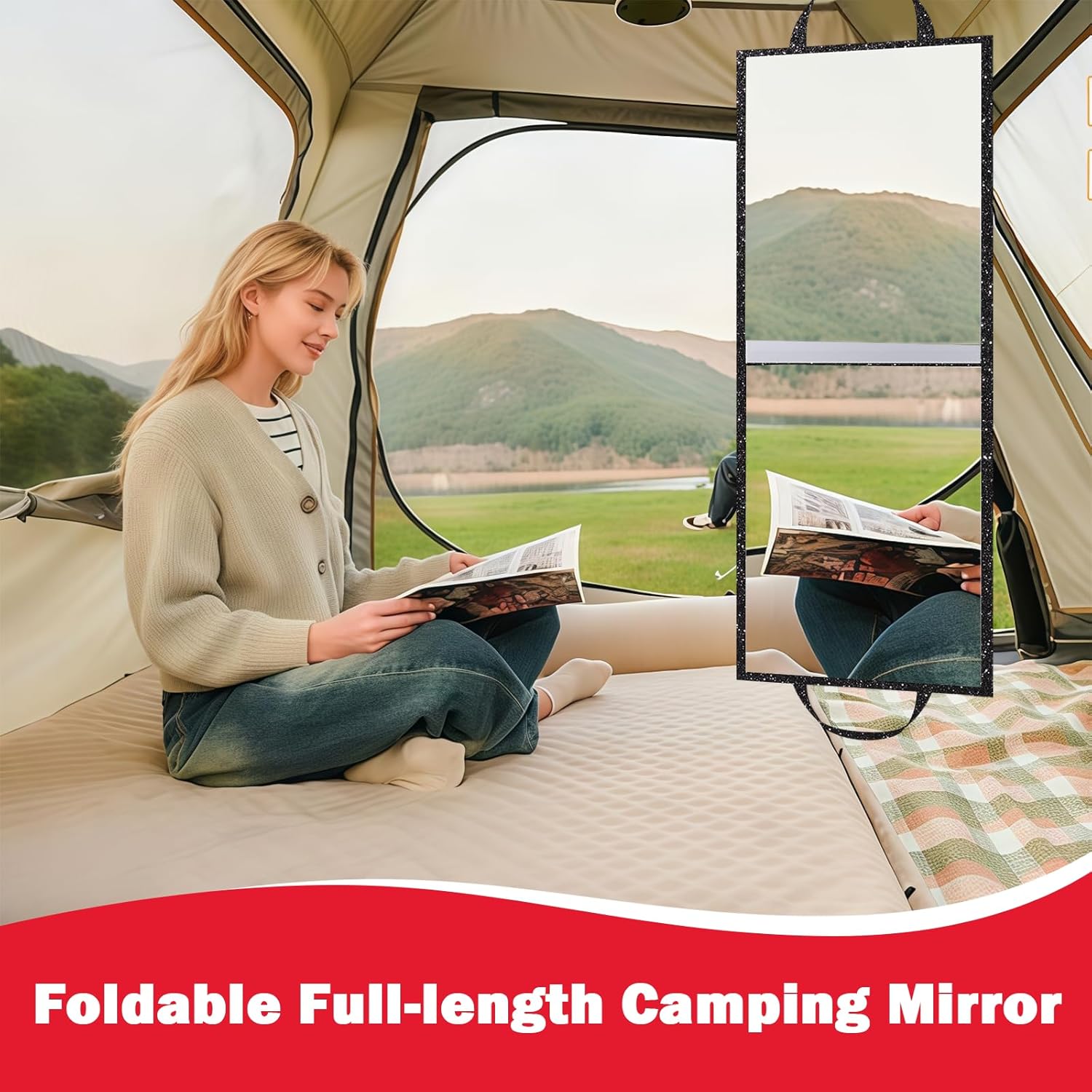 Foldable Full Length Mirror, Hanging Wall Mirror Portable Travel Mirror with Handle for Dance Home Bedroom Wardrobe Stage Makeup Checks Camping Outdoor Use (32.2" L x 12.5" W, Bi-Fold)