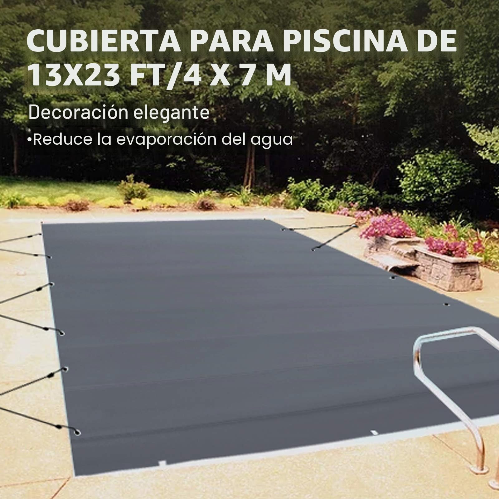 VEVOR Cubierta de Seguridad para Piscina Tamaño de 4 x 7 m Cobertor de Piscina Rectangular, Tamaño de Piscina de 3,7 x 6,7 m Lona de Piscina de PVC Color Carbón, Fácil de Instalar y Prevenir Escombros