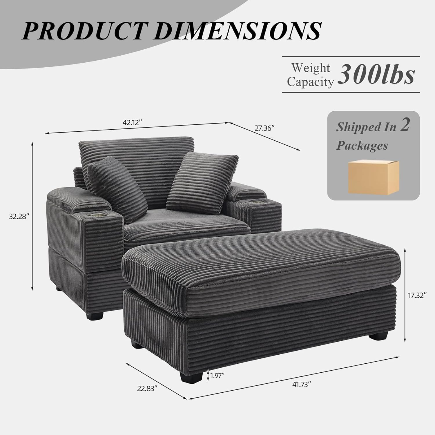 Chaise Lounge Indoor, Corduroy Upholstered Sofa Bed with Cup Holder, Sleeper Chair with Storage, Recliner Chair with Footstool, Modular Sofa with 2 Throw Pillows (Grey Single) | Cup Holders, Footrest