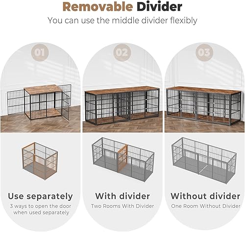 Miniatura 5 de Lyromix 94.48'' Mueble de jaula para perros de raza grande con soporte para TV de dos habitaciones, mesa auxiliar de jaula para perros de madera