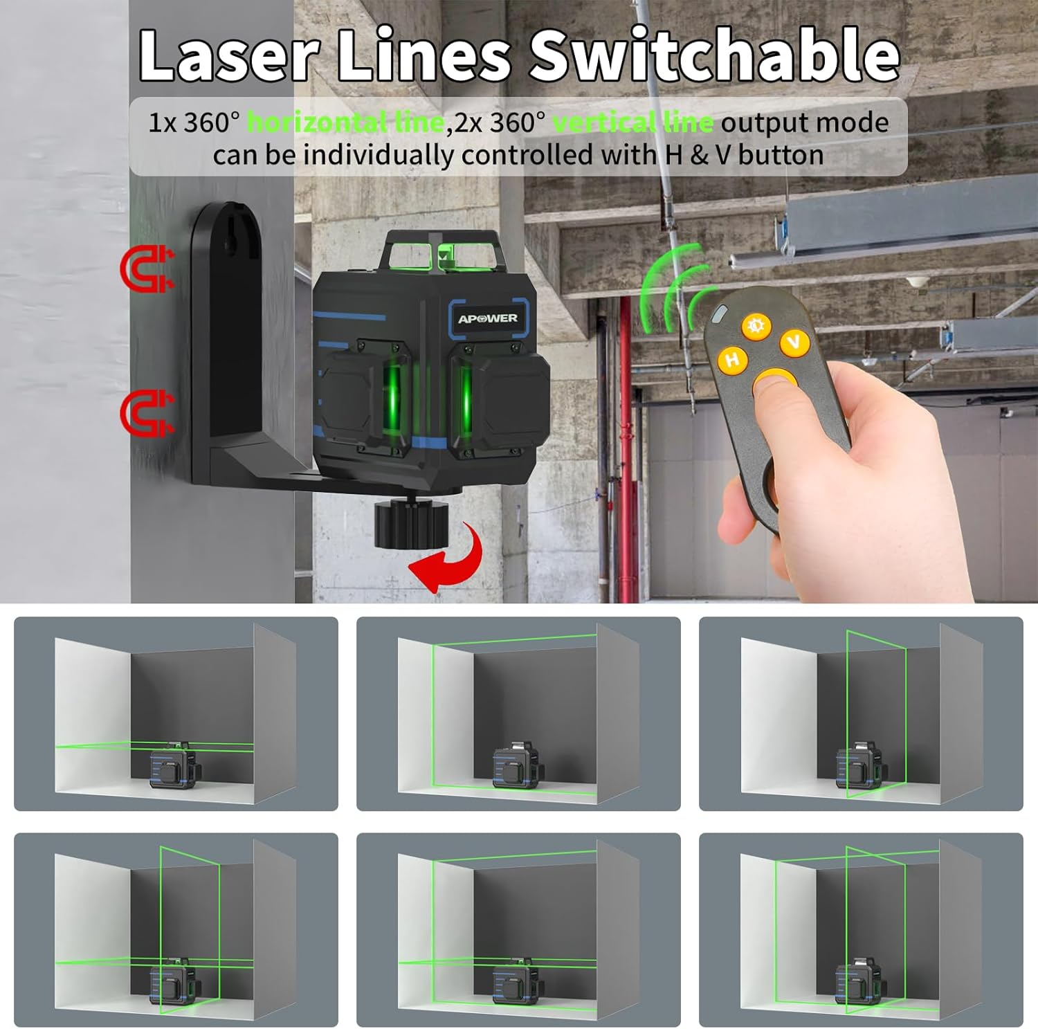 Laser Level 360 Self Leveling, 3 x 360° Cross Line Lazer Leveler Tool for Construction and Picture Hanging, Rechargeable Nivel Laser Outdoor, L-Magnetic Bracket Included