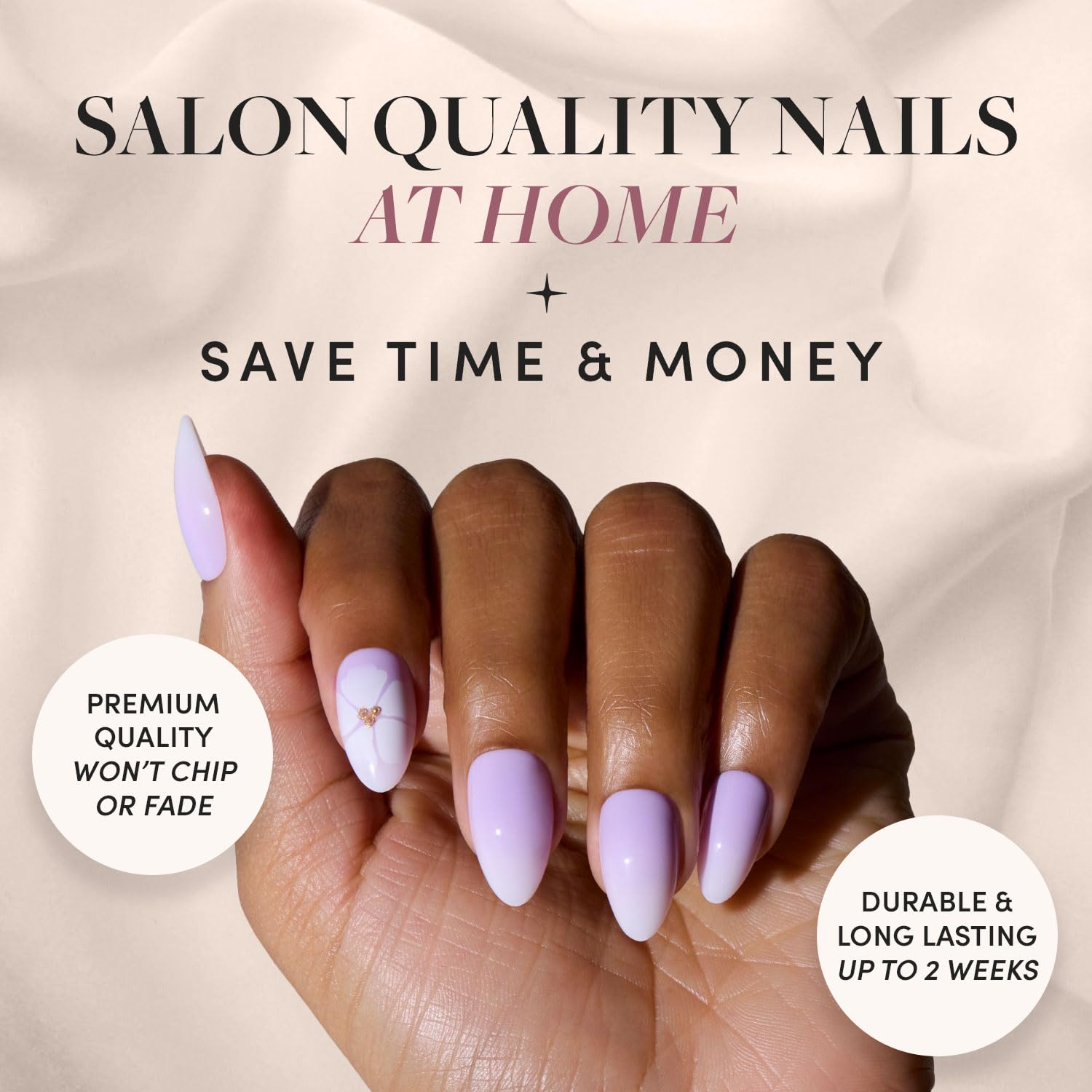 Glamnetic Press-On Nails Bundle - Lilac Reef & Fairy Dust | Short Almond Purple Fake Nails with Flower Accents | Short Oval Beige-Pink False Nails with a Metallic Finish | Reusable, Salon-Quality Nail