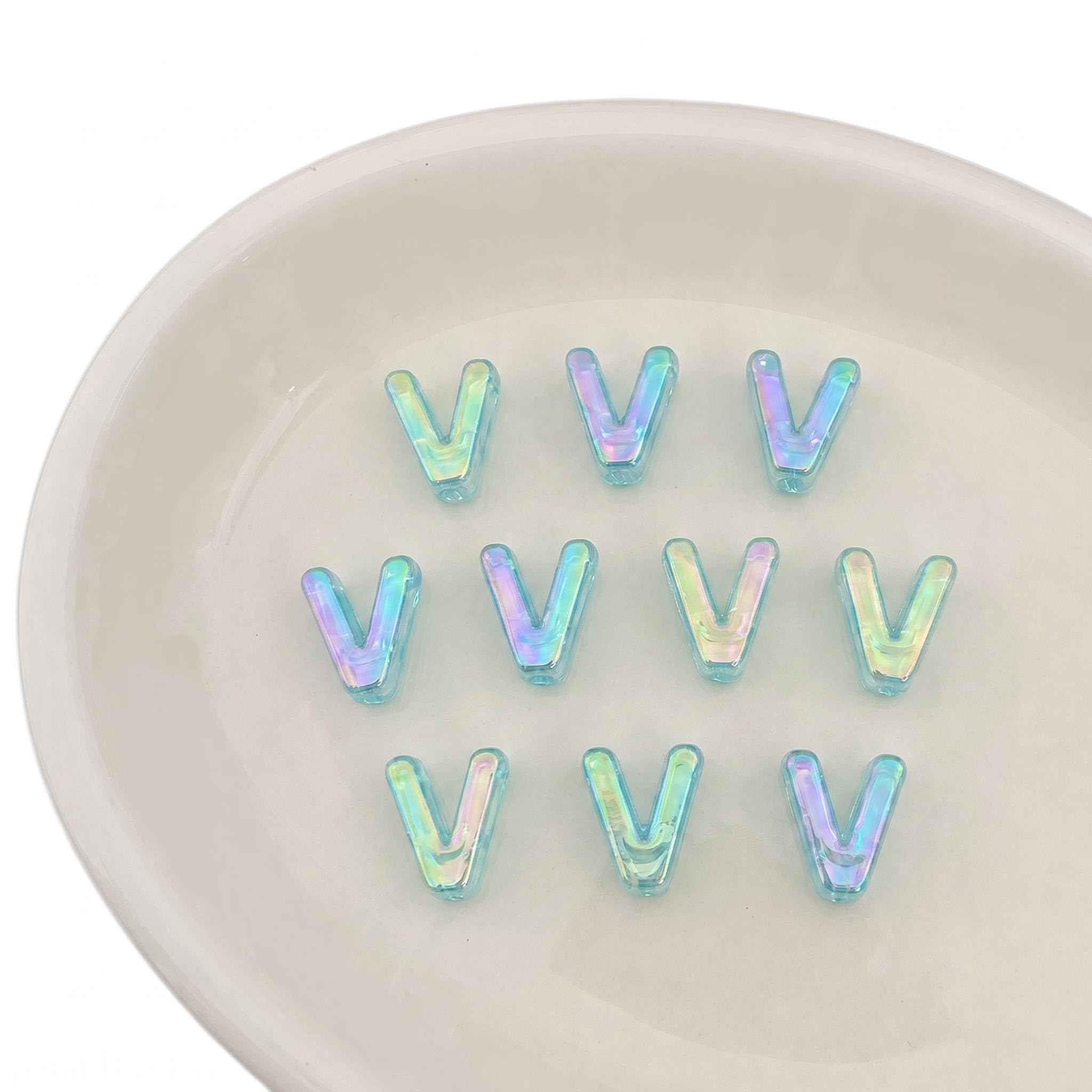 Letter Beads 10pcs, Large Acrylic Alphabet Beads with 6mm Hole, Iridescent Holographic UV Plated for Bracelet Making, Jewellery, Keyrings & Craft (Iridescent Sky Blue, Letter V)