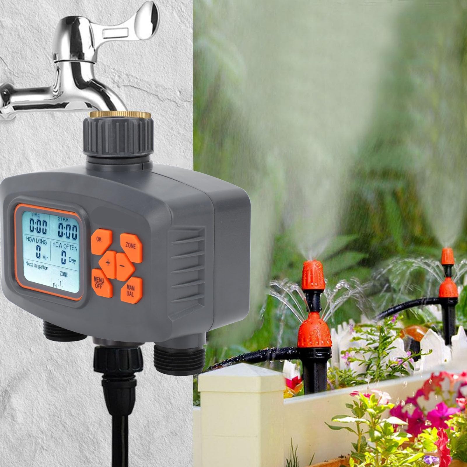 Temporizador de Riego con Manguera de 2 Salidas con Control de Doble Canal para un Riego Eficiente del Jardín 13 X 12,5 X 7 Cm