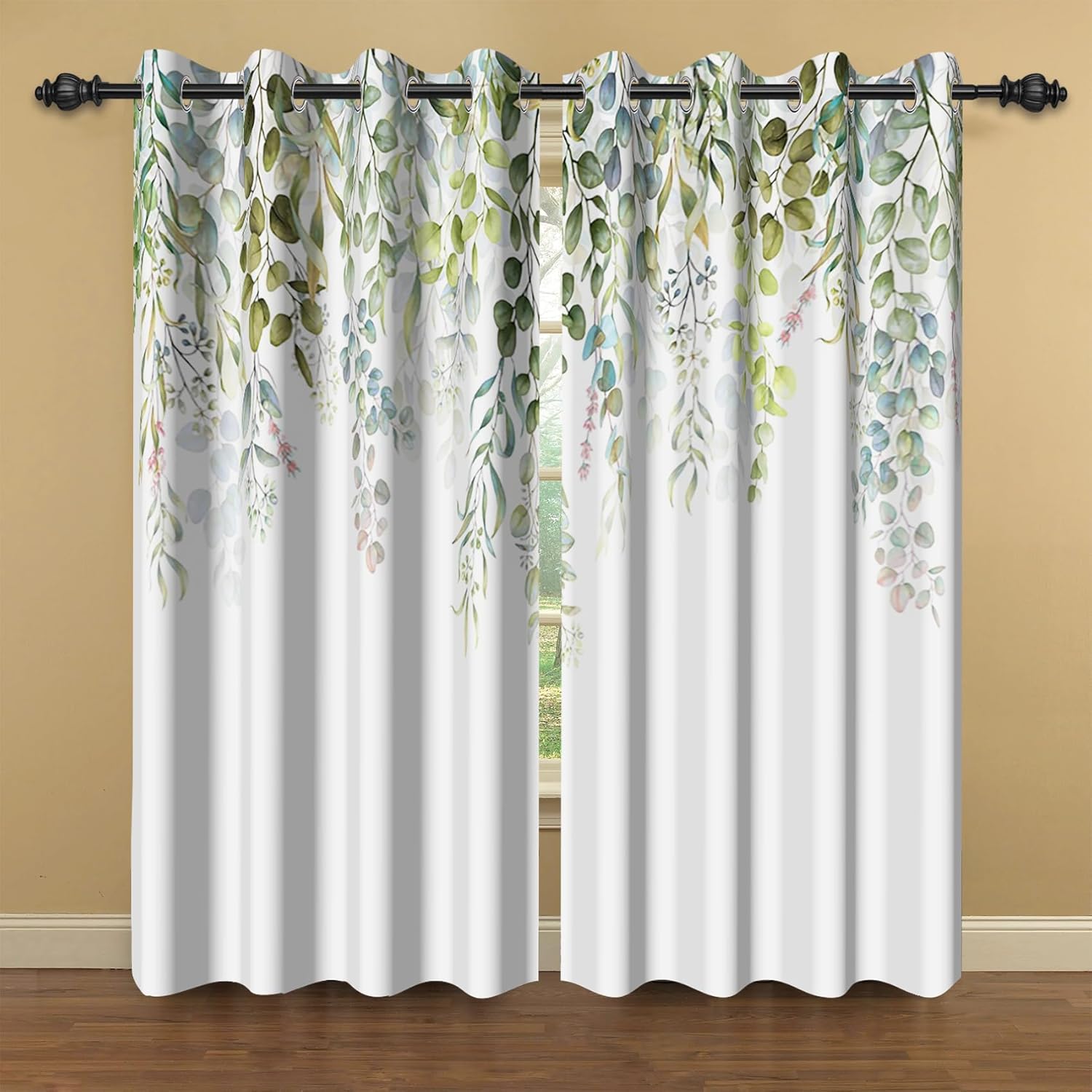 Baocicco Green Eucalyptus Leaves Curtains for Bedroom Living Room Spring Plant Printed Window Drapes with Grommets Natural Flower Floral Thermal Insulated Blackout Curtain 2 Panels 42x108 Inches