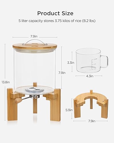 Miniatura 2 de Dispensador de arroz de vidrio de 8 a 10 libras con soporte de madera, contenedor de harina y cereales con taza medidora de vidrio, contenedor de