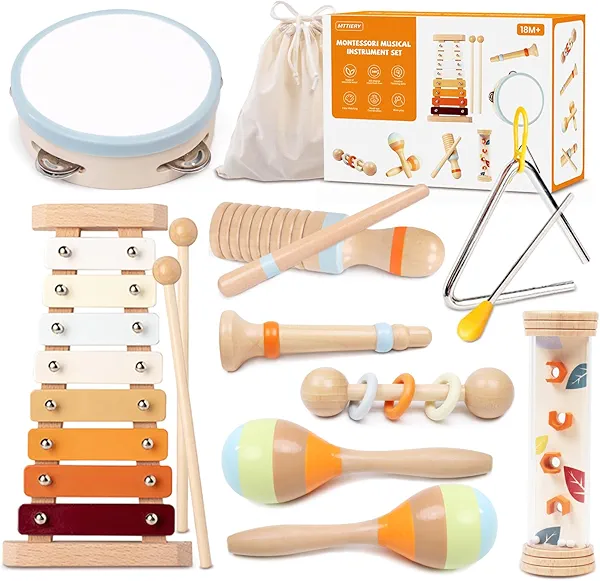 MTTIERY Toddler Musical Instruments Sets, Montessori Wooden Percussion Educational Baby Musical Toys Xylophone Maracas Tambourine for Kids, 2 3 4 Year Old Girls Boys Birthday Gifts