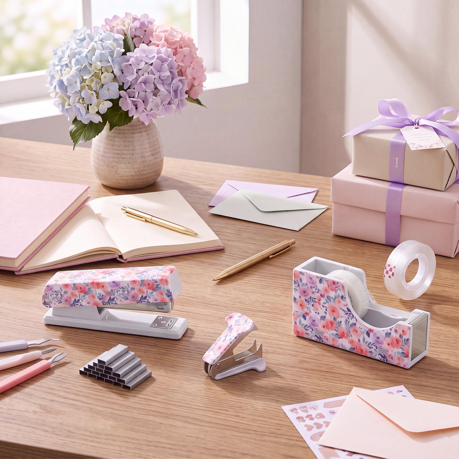 Eaasty Juego de grapadora floral y dispensador de cinta, bonito juego de suministros de oficina con 2 rollos de cinta, removedor de grapas y 1000 grapas 24/6, accesorios de escritorio para profesores