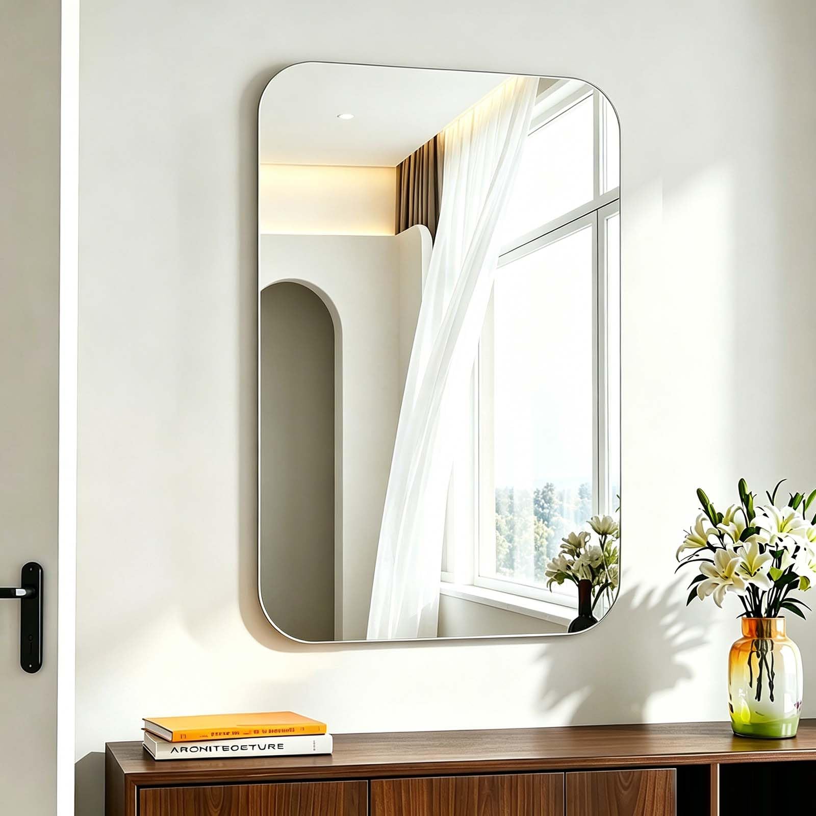 Specchio da parete rettangolare, 40 x 60 cm, senza cornice, specchio da bagno, riflesso HD, angoli arrotondati, specchio decorativo per bagno, camera da letto, soggiorno, corridoio