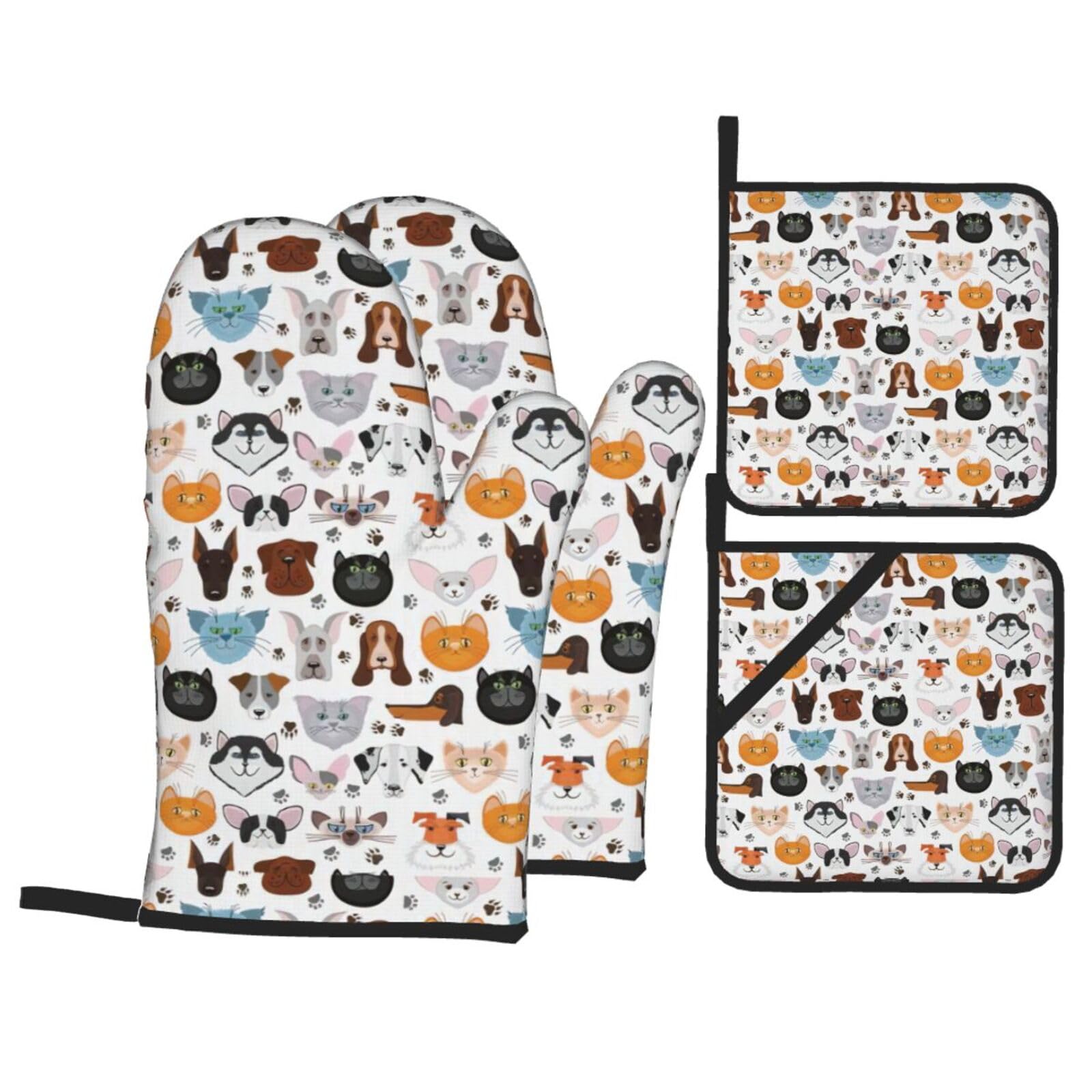 Cat And Dog Faces Bulldog Beagle Labrador Print Kitchen Oven Mitts And Pot Holders Set,Hanging Loop Design For Cooking Baking Bbq