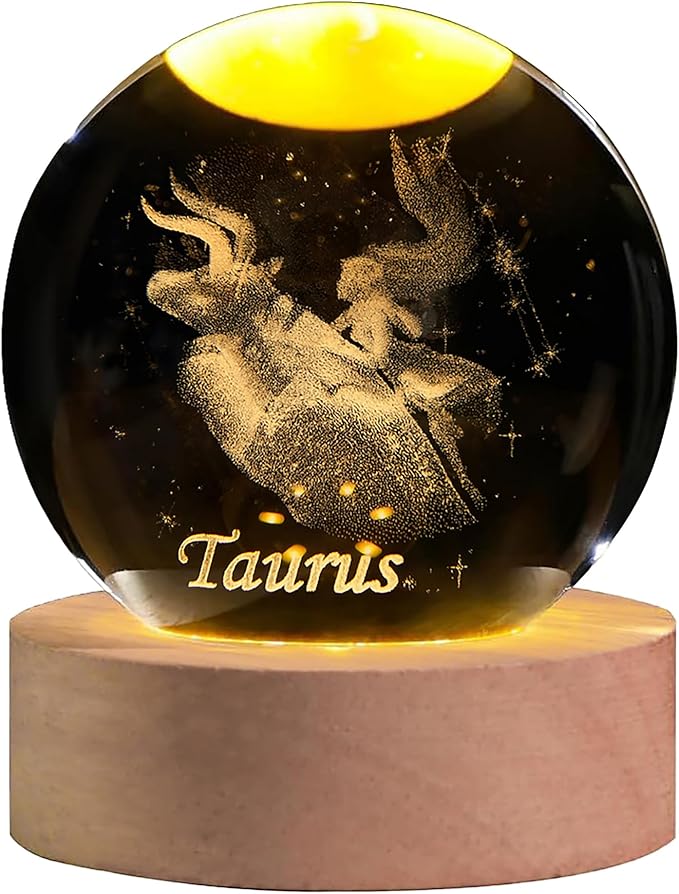 3D Laser Etched Taurus Crystal Ball with LED Light Stand, Constellation Decor Glass Sphere Lamp, Zodiac Astrology Birthday Gifts for Women Kids