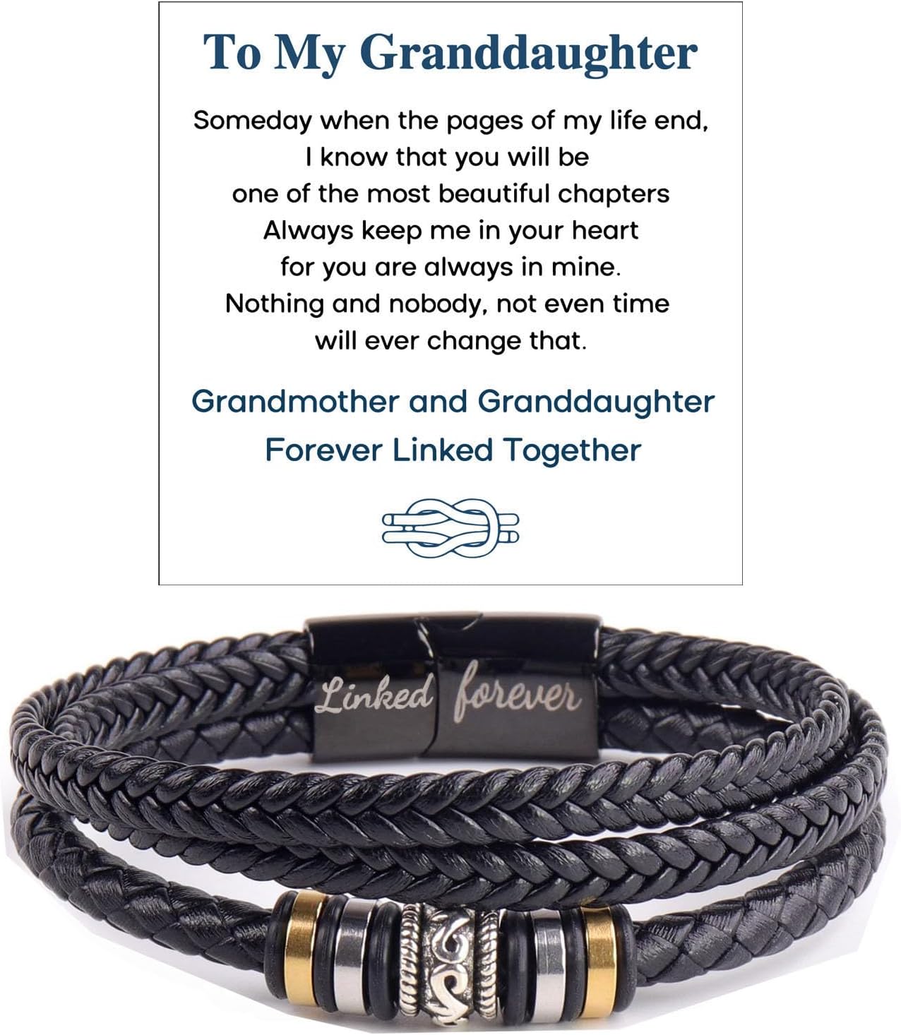 Grandmother and Granddaughter Forever Linked Together Braided Leather Bracelet, To My Granddaughter Infinity Knot Leather Bracelet Stainless Steel Engraved Jewelry for Birthday Christmas