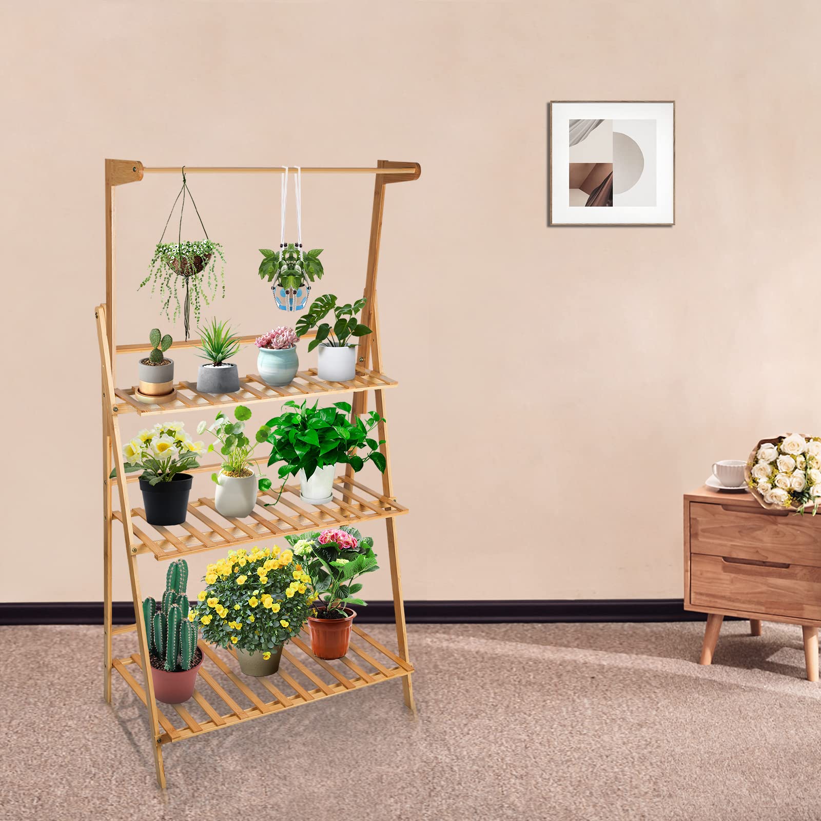 HUOLE Porte Plante Suspendue Bambou, Étagère Plante Pliable de 3 Niveaux, Echelle Fleur avec Tige Suspendue, Idéal pour Maison Balcon Terrasse Jardin - 70*40*141cm - bûches