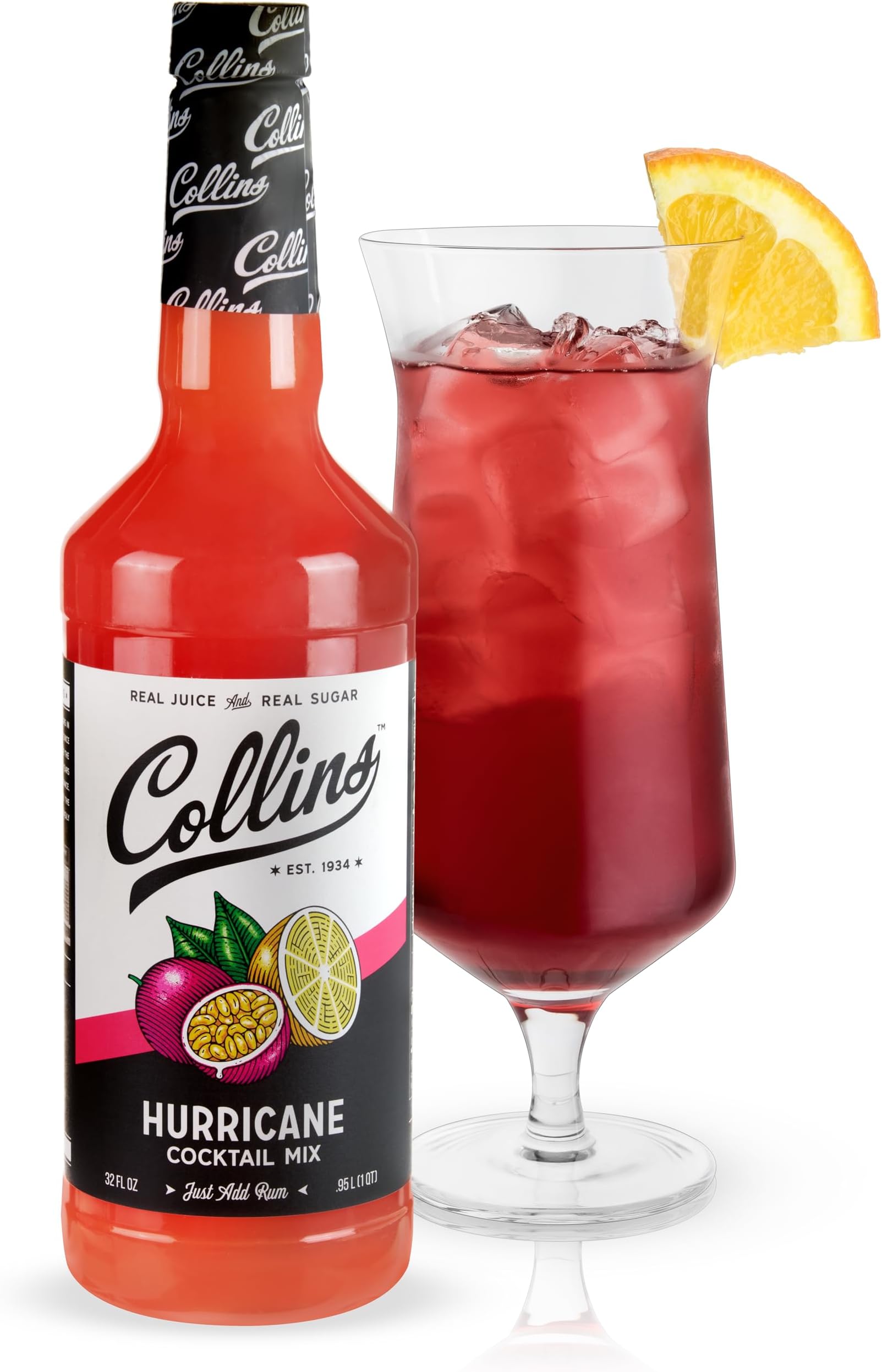 Collins Hurricane Mix, New Orleans Mardi Gras Cocktail MIxer, Made with Real Passion Fruit, Pineapple and Lemon Juice, Hurricane Rum Mix 32 fl oz