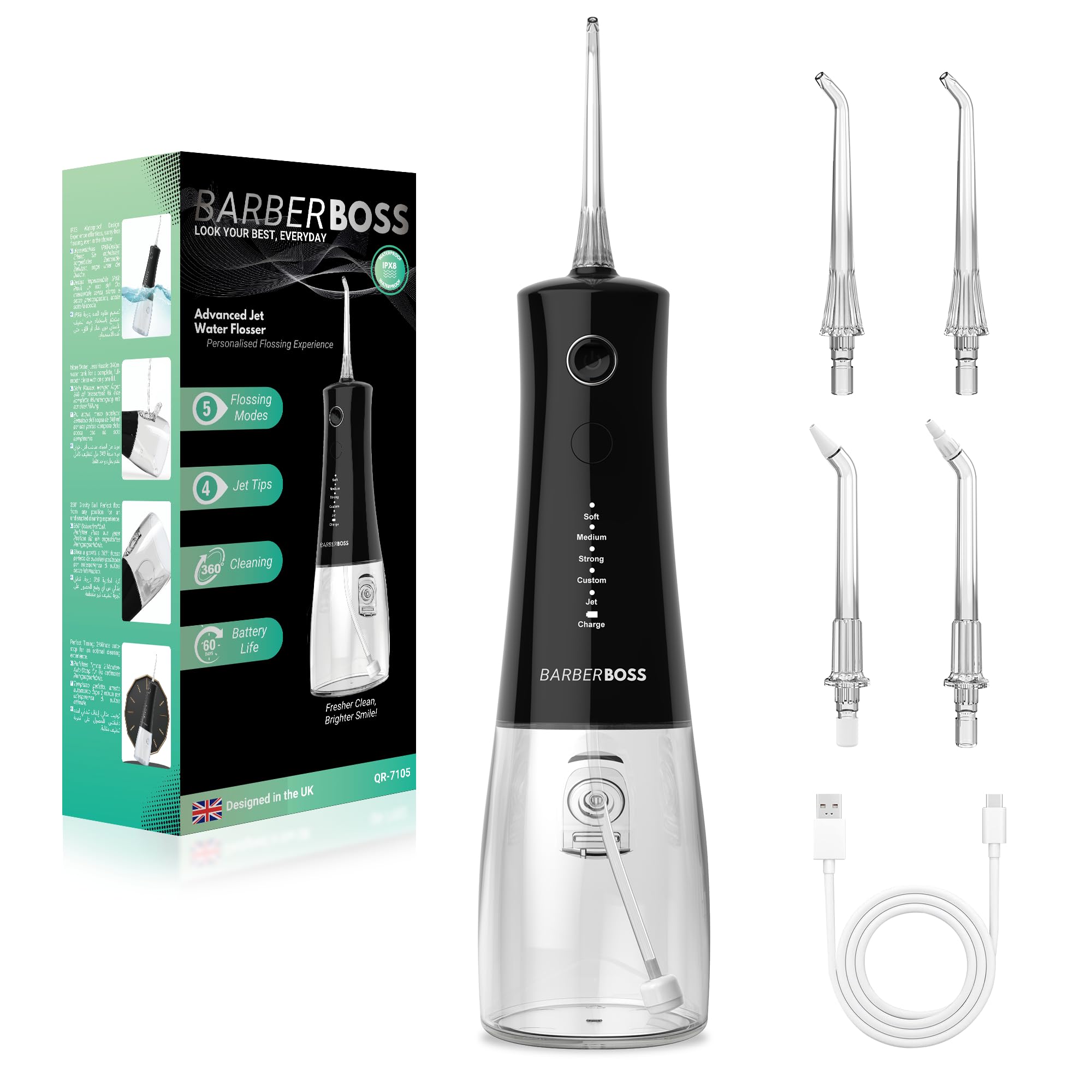 BarberBoss Hydropulseur sans fil, irrigateur buccal avec 4 embouts de jet et 5 modes de pression, nettoyeur professionnel pour dents et gencives, réservoir d'eau de 340 ml et étanchéité IPX8, QR-7105