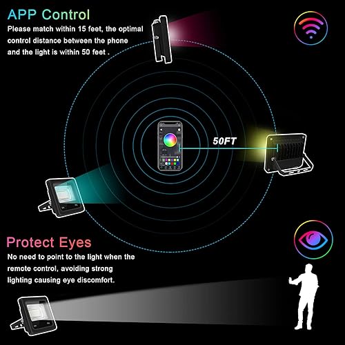 Miniatura 9 de Remon Luces de inundación LED RGB que cambian de color, iluminación LED de escenario de paisaje al aire libre, 30 W Bluetooth Smart Floodlights Rgbw