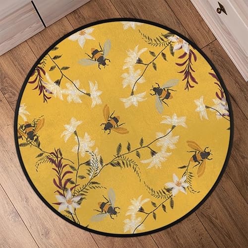 Miniatura 6 de Alfombra redonda de 3 pies con flores, abejas, alfombra circular lavable antideslizante para sala de estar, dormitorio, oficina, hogar, decoración