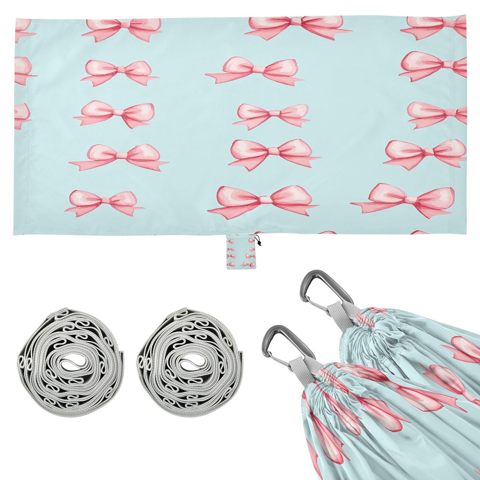 ATTX Small Pink Bows Camping Hammock - Lightweight & Portable Hammocks, Heavy Duty 330lbs Capacity for Indoor, Hiking, Backpacking, Travel, Backyard, Beach#594