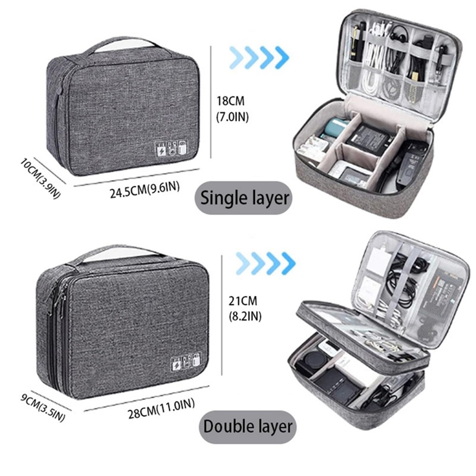 Bolsa Organizadora De Cables Bolsa De Almacenamiento Cables Viaje, Digital Portátil Impermeable, Cargador Cable Datos USB, 2 Uds(Grey,1Layer(24.5x10x18cm))