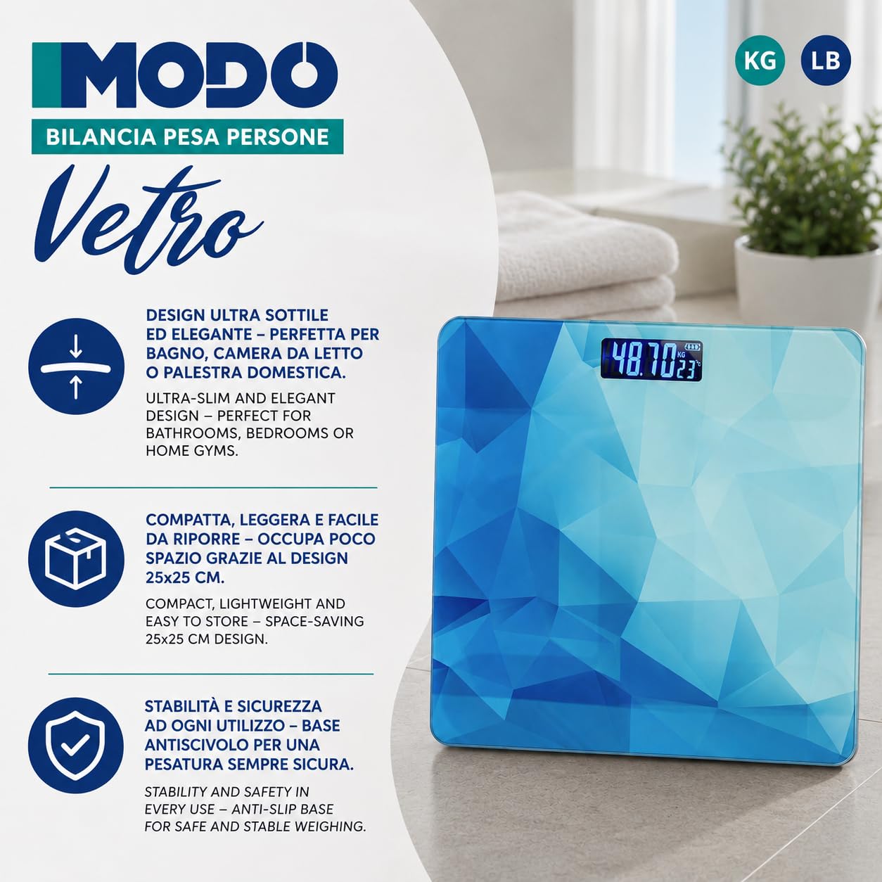 IPEA Bilancia Pesapersone Digitale Ultra Sottile - Tecnologia STEP ON - Massima Precisione Peso - Design Elegante - Bilancia in Vetro Temperato con Display misurazione precisa 0,1 KG - Max 180Kg