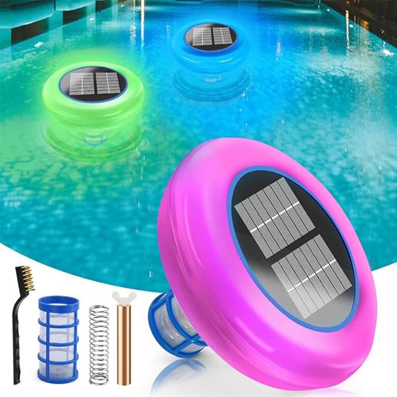 Ionizzatore solare per piscina, ionizzatore a LED in rame a 7 colori, detergente ad energia solare per piscine, fino a 85000 l, prestazioni stabili e nucleo in rame resistente, per piscine fuori terra