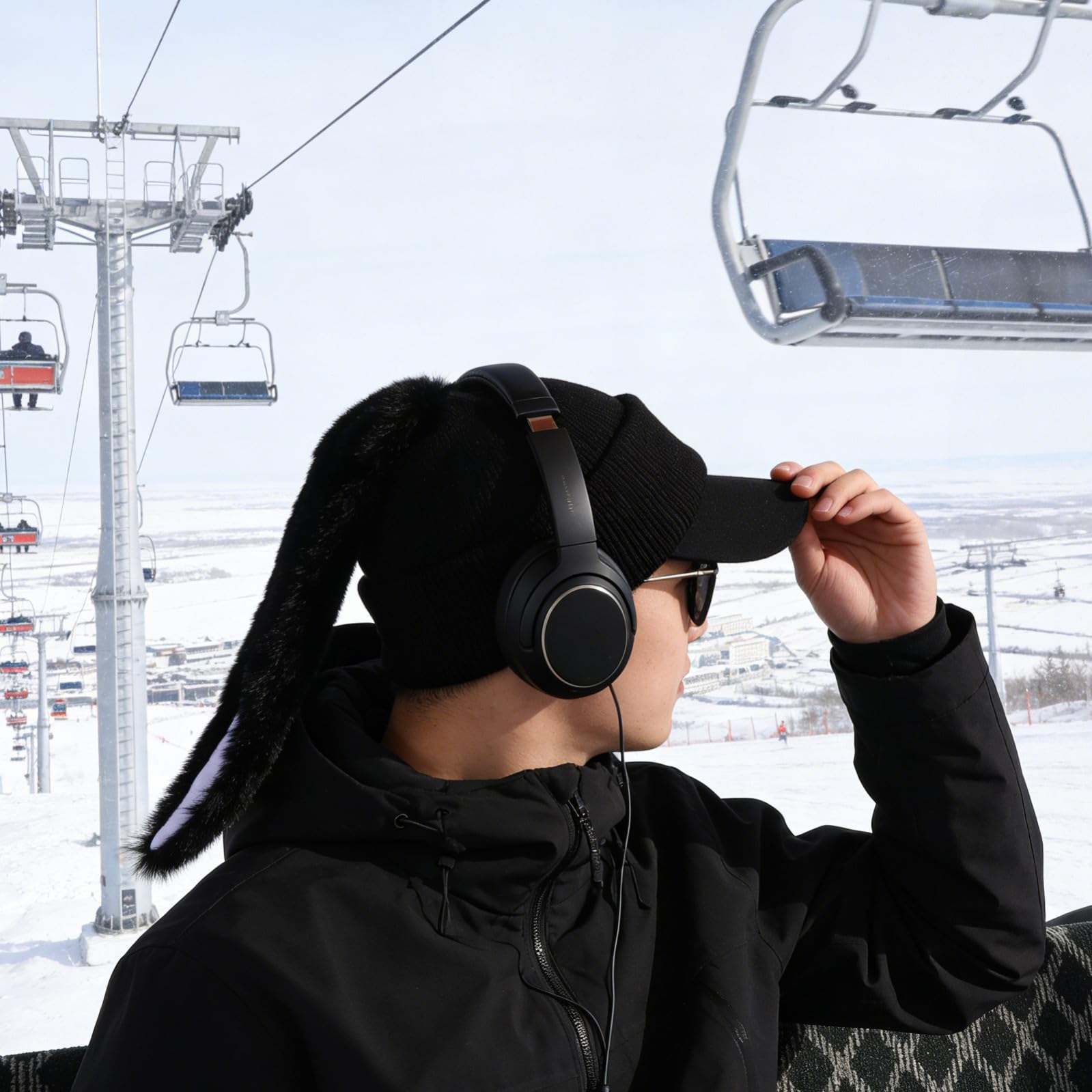 LALAFINA Skihelmbezug Plüschmütze mit Hasenohren aus Garn Schwarz/weiß für Snowboarding und Skifahren Einfache Montage für Altersgruppen