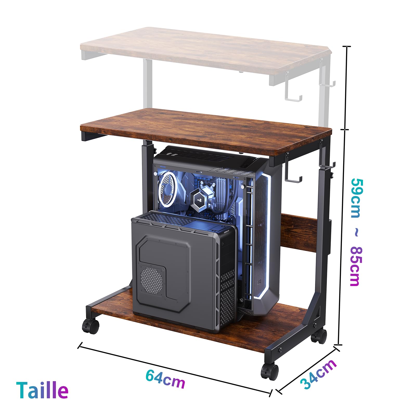 Tour d'ordinateur réglable en hauteur avec chariot ATX à 2 couches, support d'ordinateur sur pied, support d'imprimante avec espace de rangement, roues verrouillables, s'adapte à la plupart des