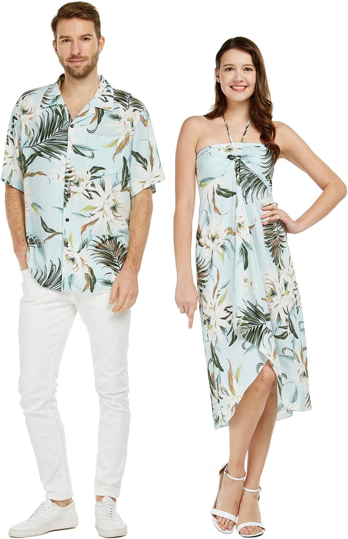 Couple Matching Hawaiian Luau Party Outfit Set Shirt Dress in Cream Rafelsia