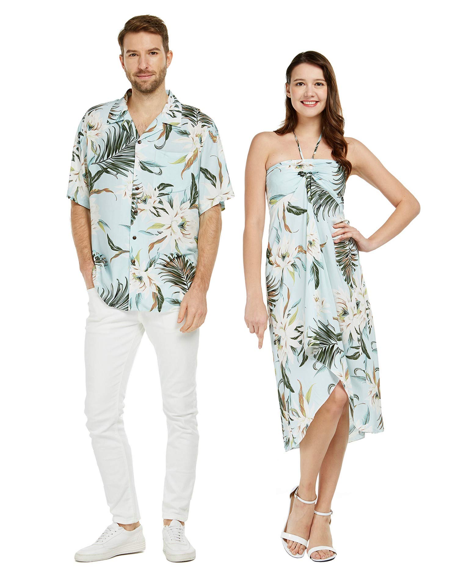 Couple Matching Hawaiian Luau Party Outfit Set Shirt Dress in Cream Rafelsia