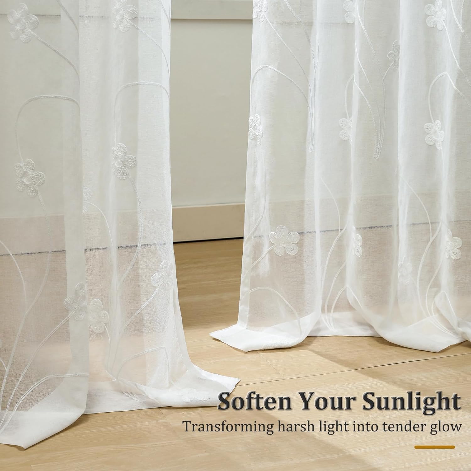 White Sheer Curtains 63 inches Length Flowers Embroidered Window Treatment Curtain Sheer Voile Panels for Kitchen, Bedroom, Small Windows, 42x63, Set of 2