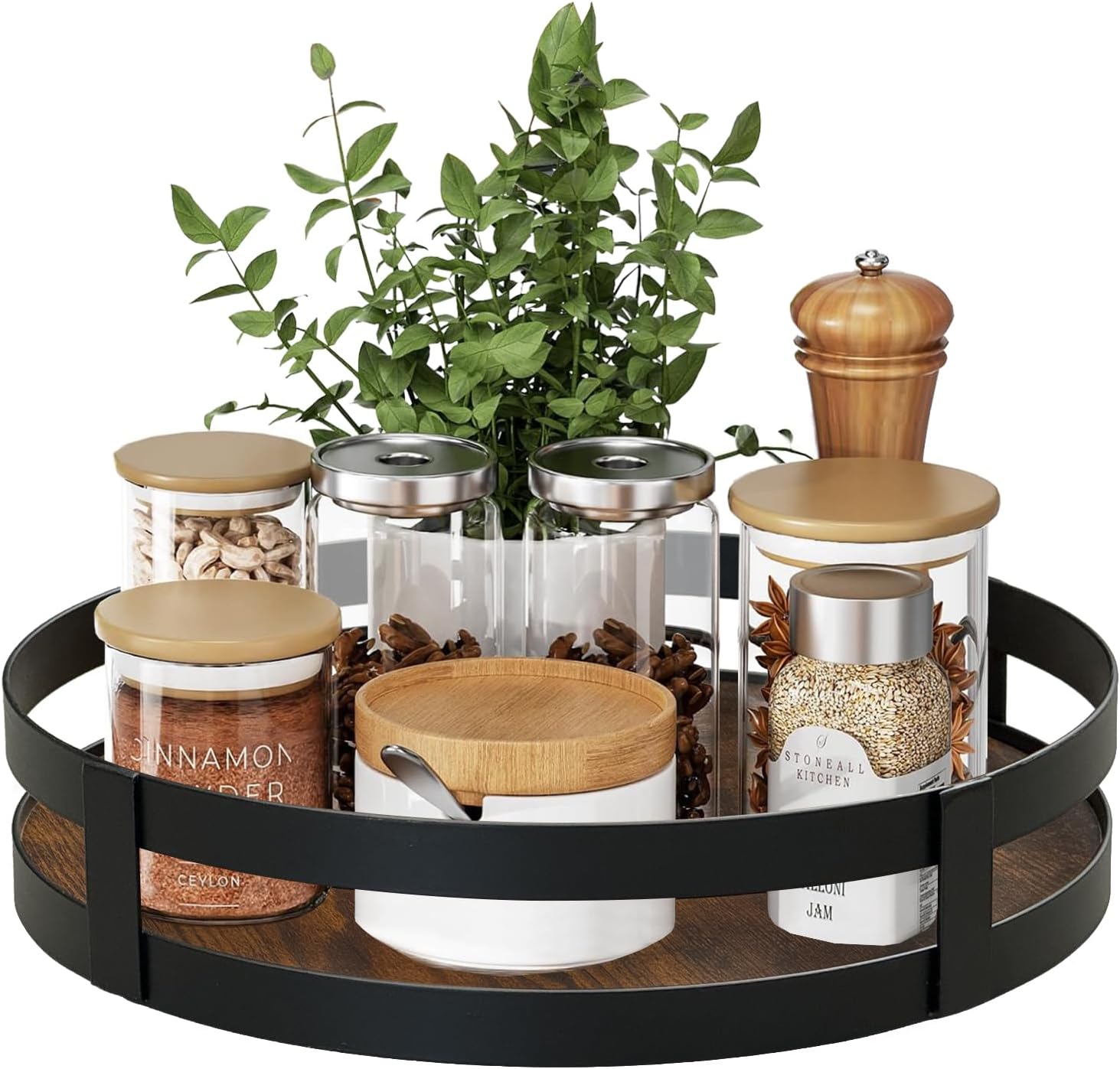 15.7" Lazy Susan Turntable Organizer for Cabinet, Rustic Wooden Storage with Metal Railing, Round Rotating Tray for Countertop, Living Room, Bathroom