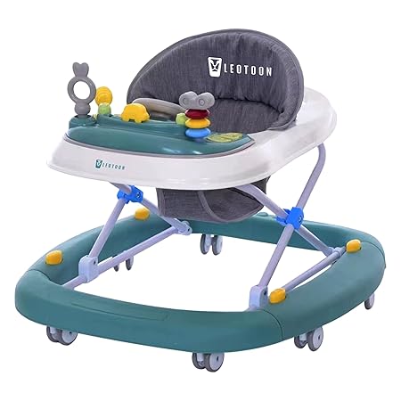 Leotoon 2-in-1 Flossie Baby Walker Cum Rocker | 3 Level Height | 4 Level Seat | Musical Tray | Anti-Fall | Anti-Skid | Oxford Seat | 8 Multi-Directional Mute Wheels | Wide Base | Safe | Rocking Function | BIS Certified | (Green) (6-24 Months)