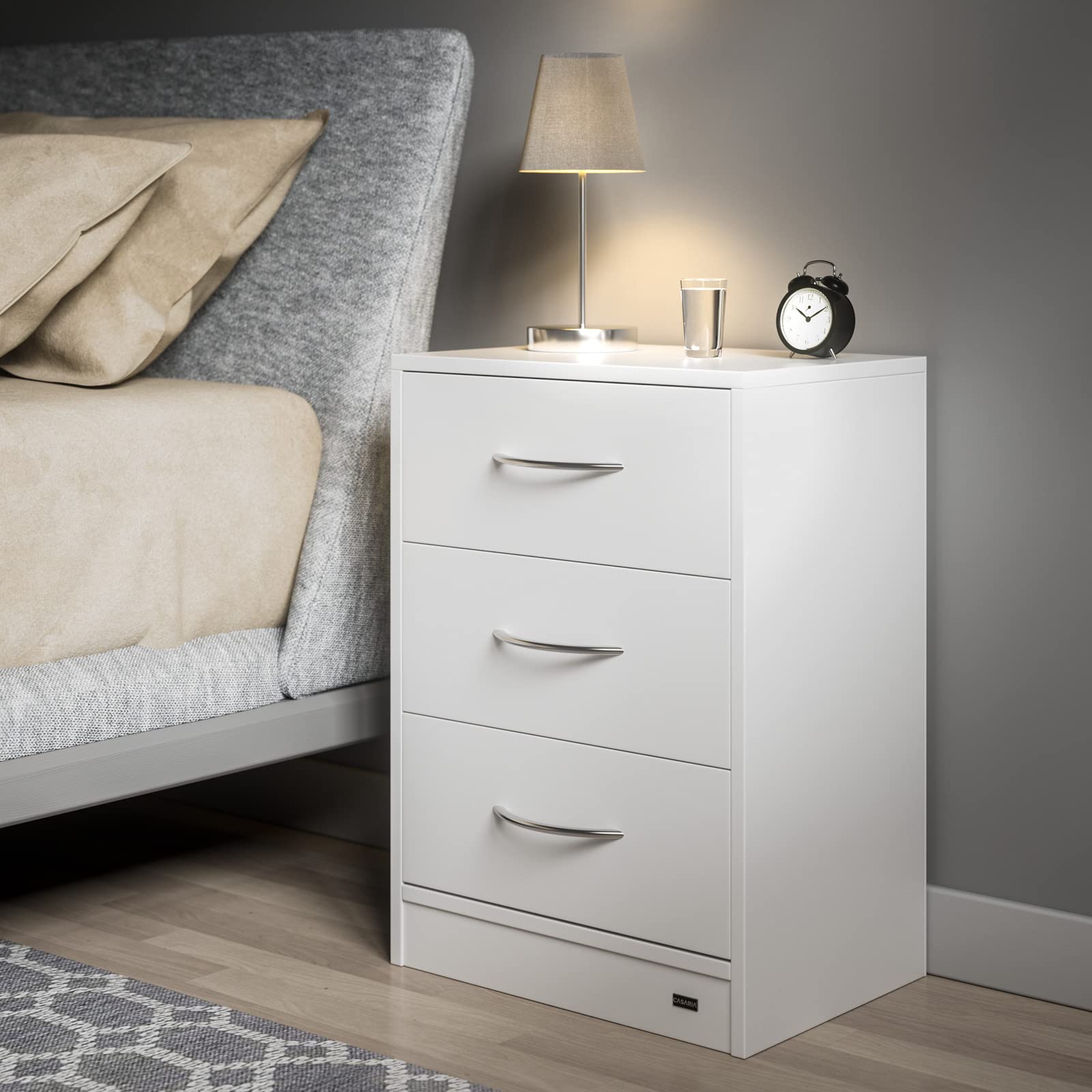 Casaria® Nachttisch Weiß LED 3 Schubladen Kabelführung Wandbefestigung Boxspringbett Schlafzimmer Nachtschrank Nachtkonsole Nachtkommode Holz 54x39x28cm