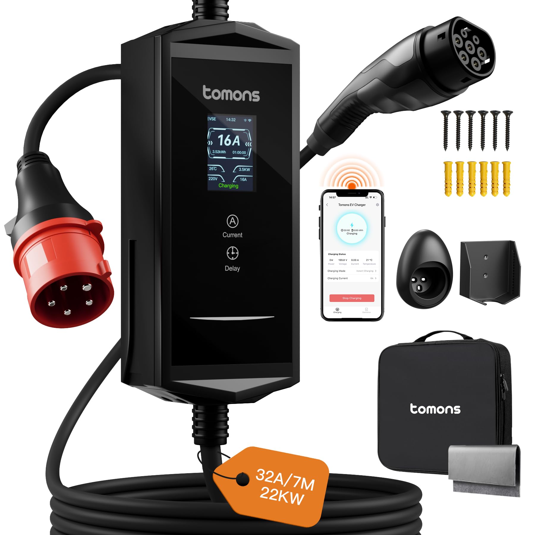 tomons Mobile Wallbox 22 kW z aplikacją, kabel do ładowania typu 2 7 m, 3-fazowy 6-32 A 400 V wtyczka CEE, 2,4" LCD, IP65, regulowana moc ładowania i czas startu, do e Auto ID.3/4/5/7, Model Y/3