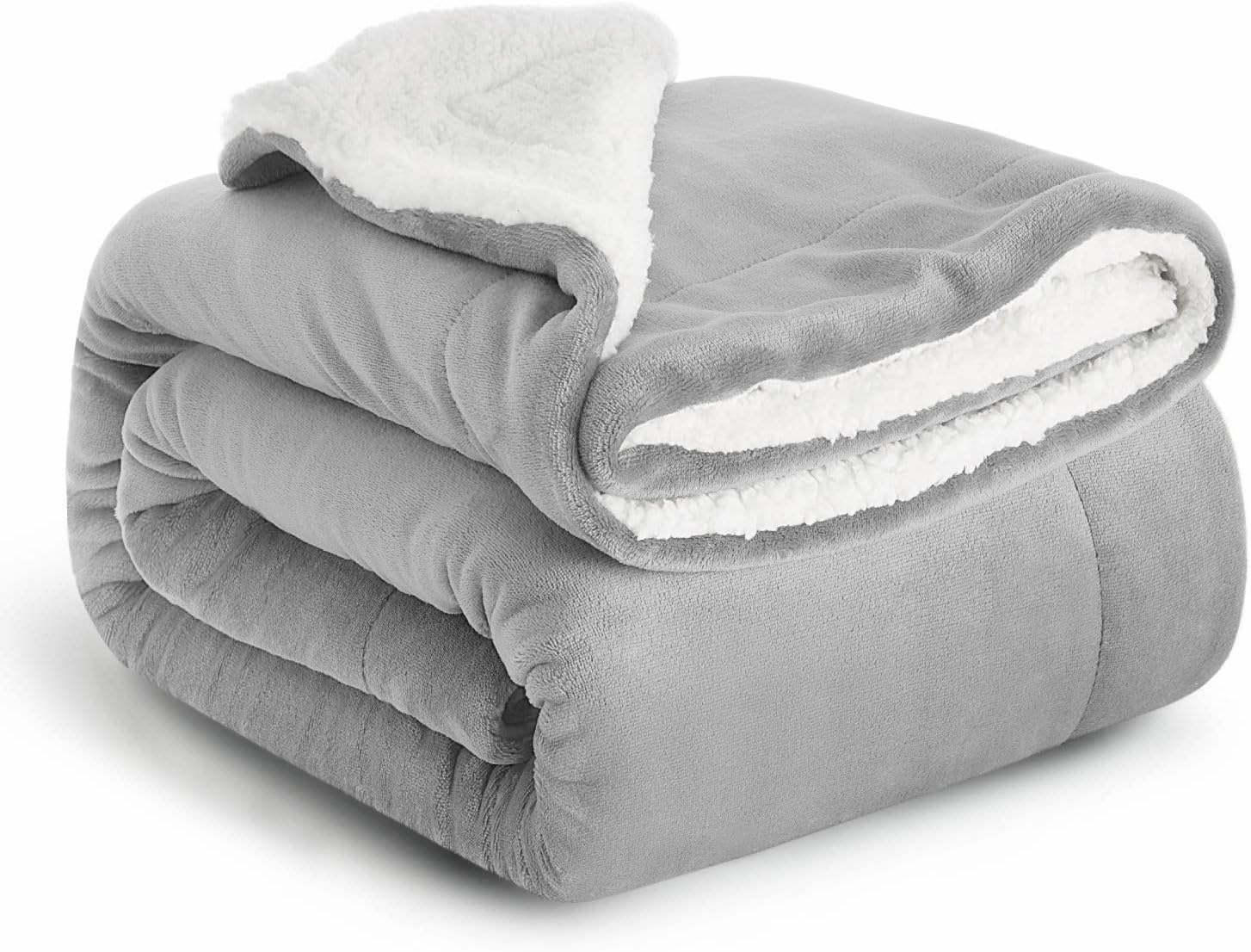 Casabella Sherpa Fleece Blanket - Blankets and Throws for Sofa Bed - Thick Warm Throw Blanket for Double Bed - Soft Fluffy Bedding, Travel Accessories - Double, Silver, 150x200cm