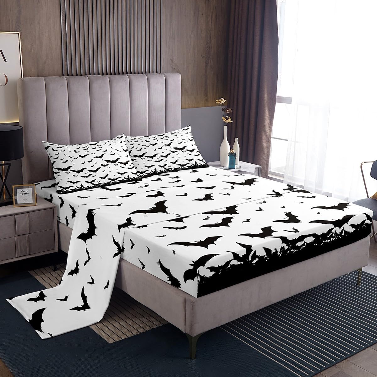 Feelyou Bats Animal Print Bed Sheets Set Queen Size Happy Halloween Sheet Set for Kids Boys Girls Decor Horror Theme Sheets with Deep Pocket Fitted Sheet Pink Black Bedding Set Witchcraft Bed Set